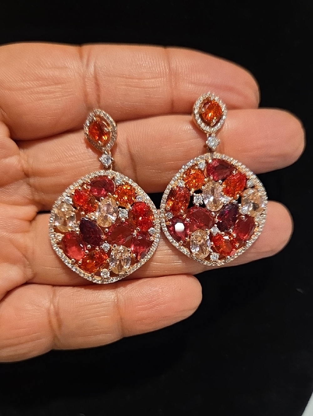 Crystal CZ Drop Earrings - Red & Orange Gemstone Rose Gold Over Sterling Silver